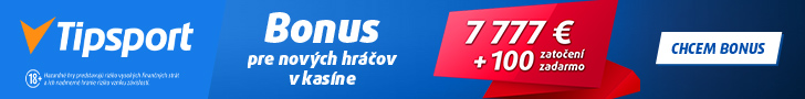 Tipsport bonus pre nových hráčov až 7 777 € + 100 free spinov - 728x90